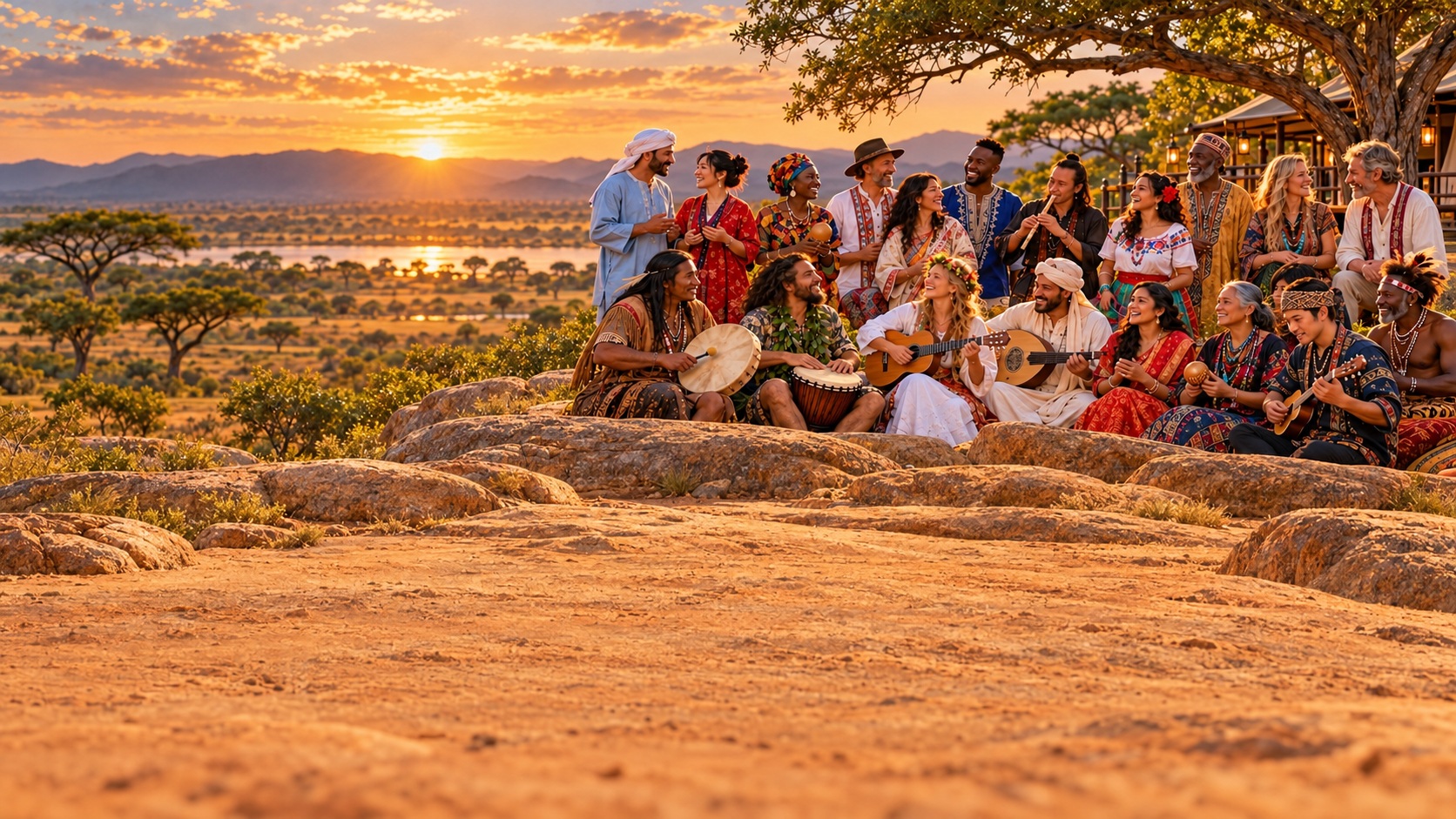 People from many cultures gathering at an African retreat, talking, singing and playing instruments together.